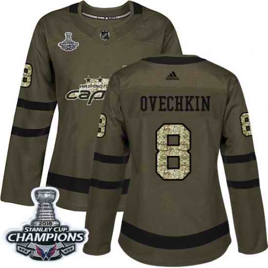Adidas Capitals #8 Alex Ovechkin Green Salute to Service Stanley Cup Final Champions Womens Stitched NHL Jersey